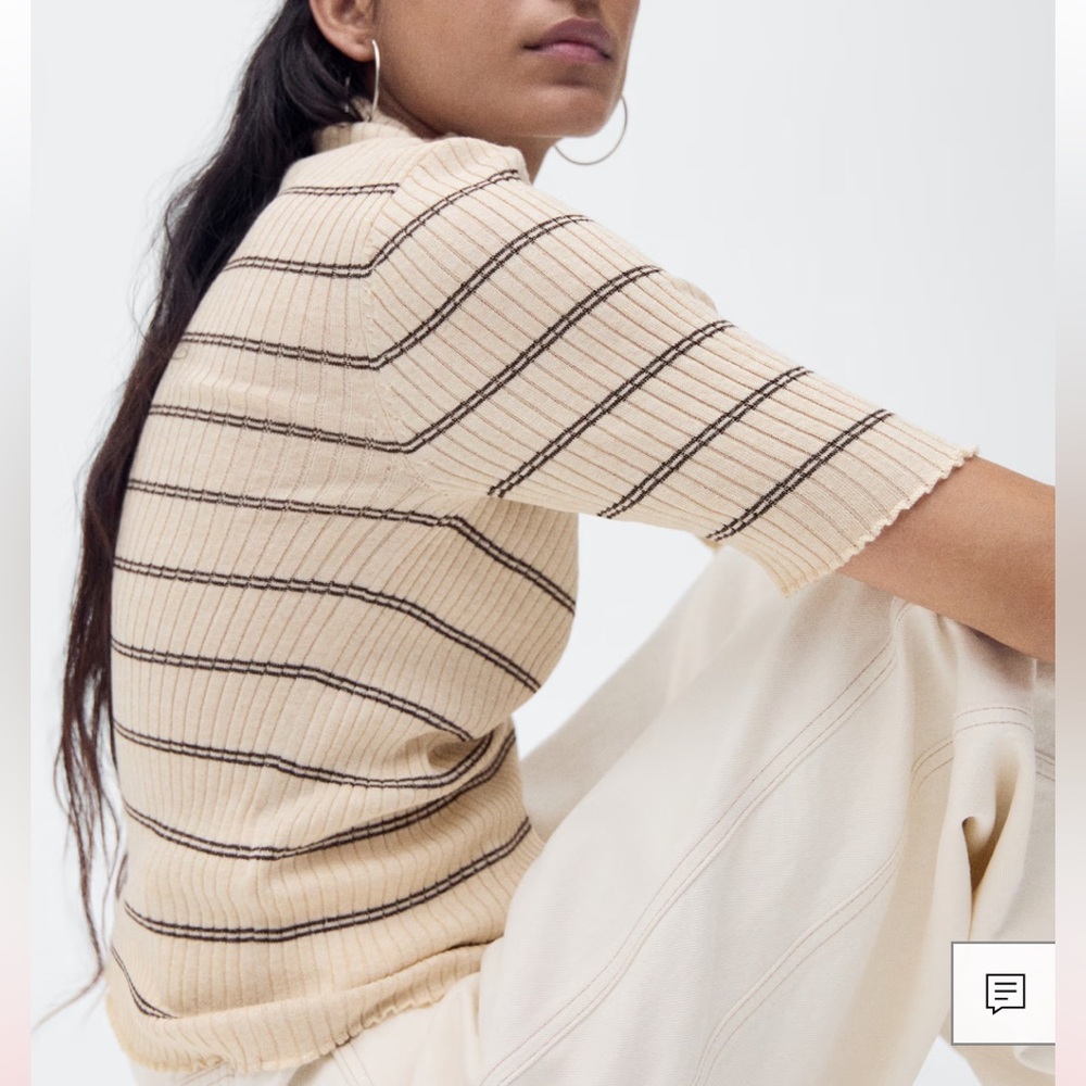 Mango RIB-KNIT SWEATER WITH PERKINS NECK medium brown stripes size M gently used - Picture 2 of 8